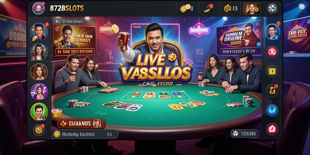 Screenshot menunjukkan dealer profesional yang berinteraksi dengan pemain dalam permainan Live Casino.