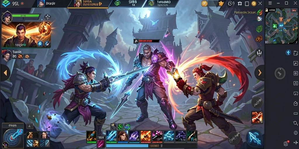 Screenshot gameplay 9SL yang menunjukkan pertarungan seru di arena.