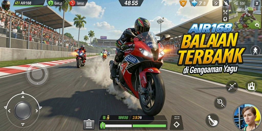 Screenshot utama menampilkan momen mendebarkan balapan motor di lintasan.