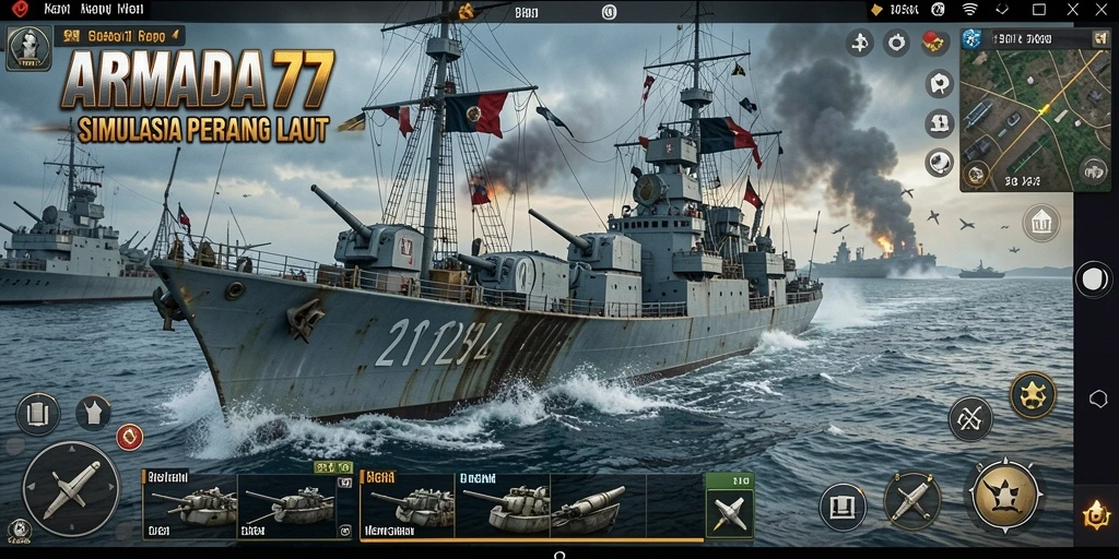 Tampilan gameplay <strong>ARMADA777</strong> menampilkan kapal perang yang sedang berperang di lautan.