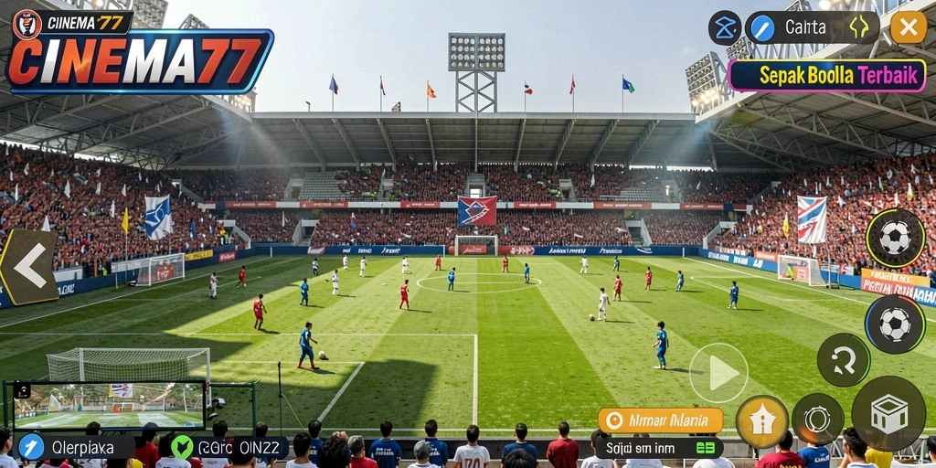 Screenshot gameplay utama CINEMA77 dengan aksi seru di lapangan sepak bola.