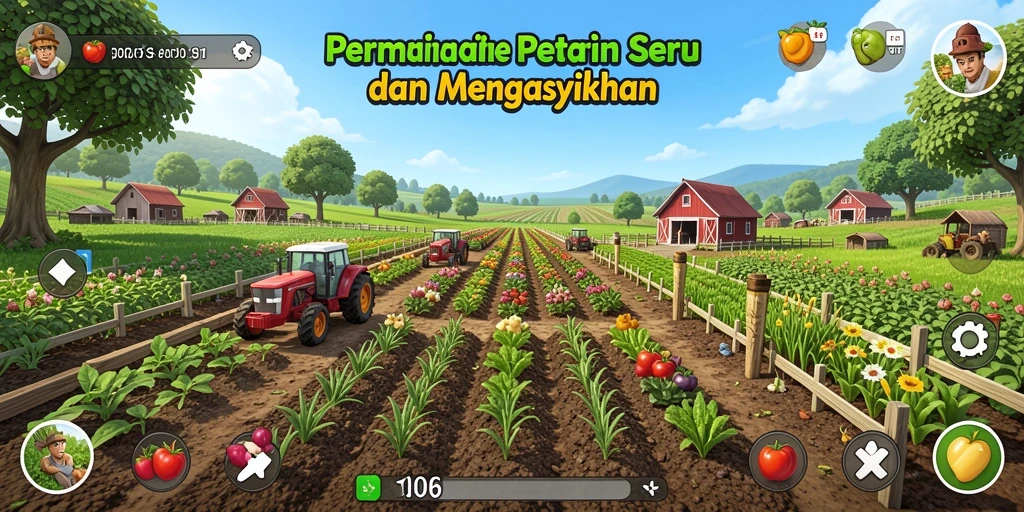 Gameplay D06 yang menampilkan aktivitas bertani dan merawat hewan.