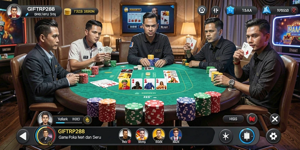 Tampilan layar permainan poker di GIFTRP288 yang seru dan interaktif.