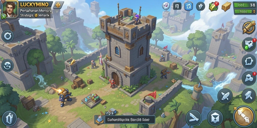Tampilan menara dan musuh dalam gameplay Tower Defense