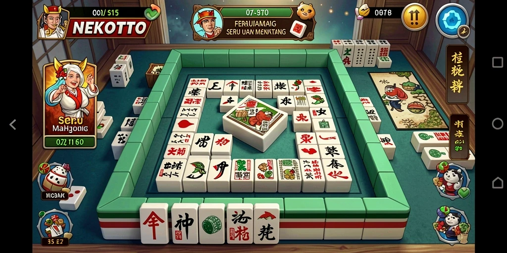 Screenshot gameplay NEKOTOTO menampilkan keceriaan saat bermain Mahjong.