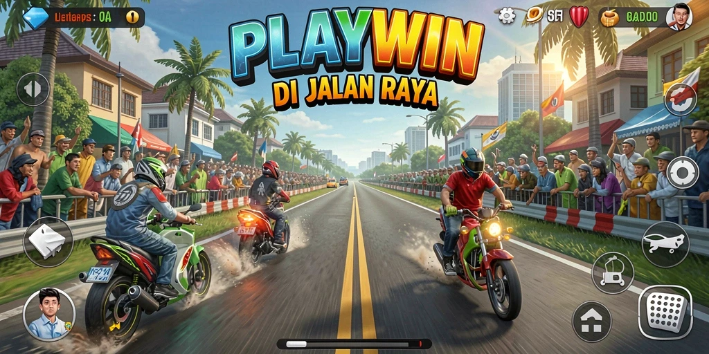 Screenshot gameplay PLAYWIN menampilkan balapan yang intens dan kendaraan yang beragam.