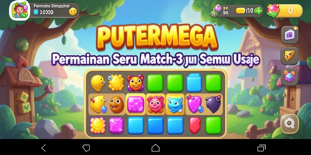 Screenshot PUTERMEGA menunjukkan gameplay Match-3 yang seru dan penuh warna.