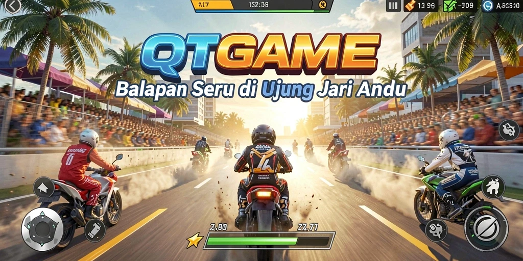 Screenshot utama QTGAME menunjukkan aksi balapan yang mendebarkan.