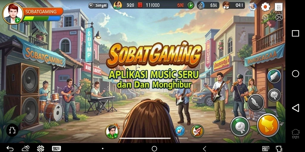 Screenshot dari gameplay SOBATGAMING yang menunjukkan interaksi pemain dengan musik.
