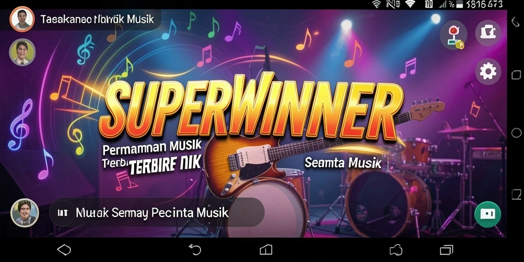 Tampilan gameplay SUPERWINNER yang mengasyikkan dengan efek musik yang memukau.