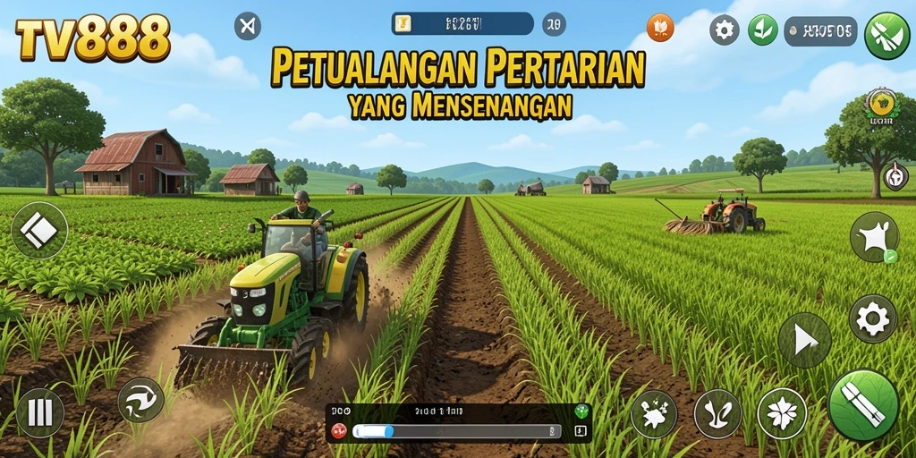 Tampilan gameplay TV888 yang menarik dan penuh warna dalam dunia pertanian.