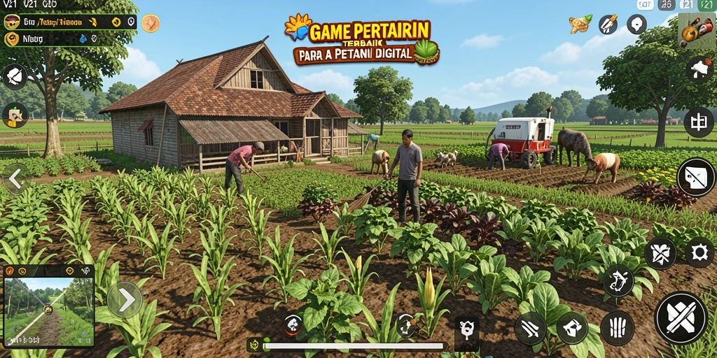 Screenshot V21 menampilkan kebun yang luas dengan berbagai tanaman.