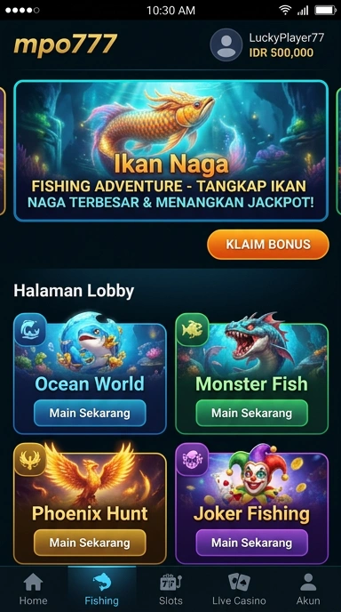 Tampilan utama aplikasi mpo777 dengan berbagai kategori.